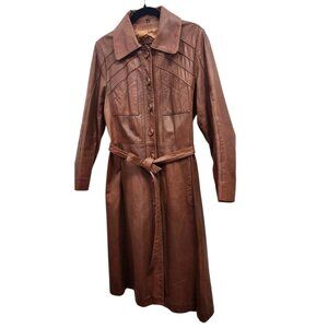 Vintage B&R Brown Genuine Leather Trench Coat w/ Belt Mid-Length Retro NY Paris